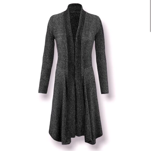 Cabi 3530 Black Gray Marled Stripe Knit Lagenlook Open Cloak Cardigan Sweater - Picture 1 of 16